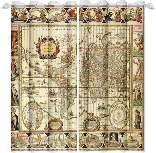 Vista 8 de Renaiss Juego de 2 paneles de cortinas para ventana de mapa del mundo de 29 x 45 pulgadas, diseño nostálgico de mapa de geografía