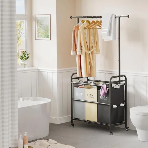 Vista 5 de Tajsoon Carrito Clasificador de Lavandería con Perchero para Colgar Ropa, Organizador de 3 Cestas Clasificadoras Butler, Carrito Cesto de Lavandería