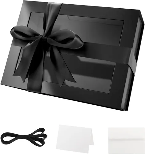 Vista 12 de PACKQUEEN Caja de regalo grande negra con ventana, 13.5 x 9 x 4.1 pulgadas, caja de regalo transparente para regalo, contiene cinta, tarjeta, caja
