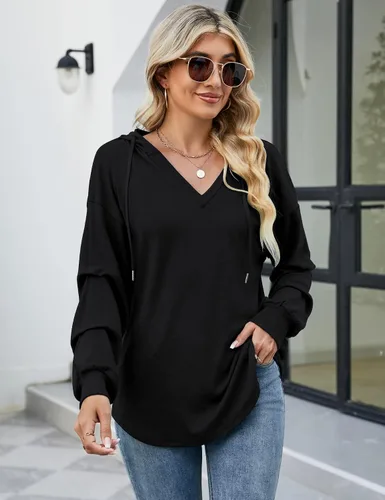 Vista 2 de Conmite Sudaderas con capucha para mujer, cuello en V, manga larga, color liso, con cordón, casual, sueltas, Negro