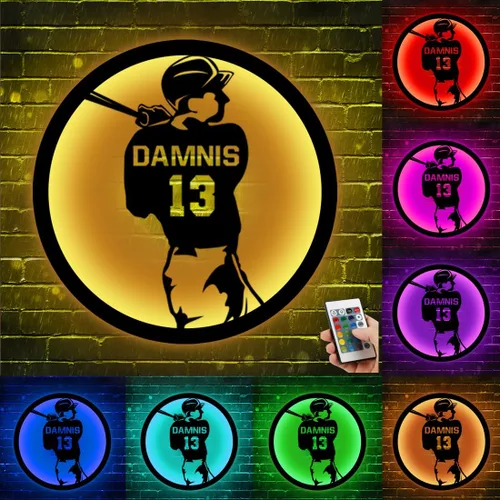 Vista 16 de Arte de Pared de Metal Personalizado de Béisbol con Bandera de EE.UU. con Luz LED, Letrero Personalizado con Nombre de Jugador de Sóftbol Americano