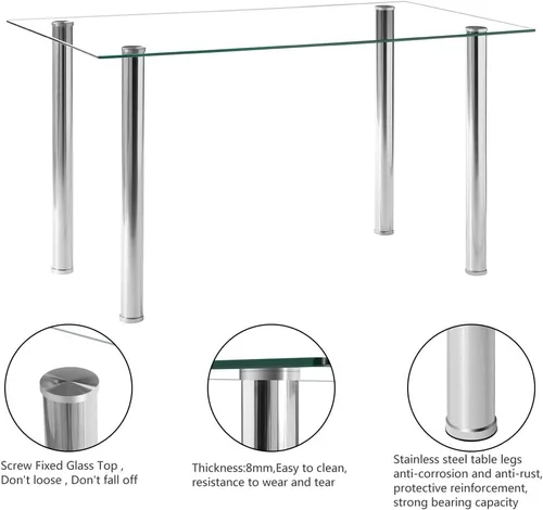 Vista 8 de Mesa de comedor de cristal para 6 personas con parte superior de vidrio templado transparente de 52 pulgadas, mesa de cocina de vidrio rectangular