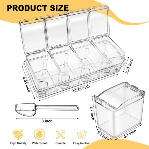 Vista 2 de Bokon Juego de 4 cajas de condimentos acrílicos con cucharas, 16 compartimentos, organizador de especias transparentes, recipientes de condimentos