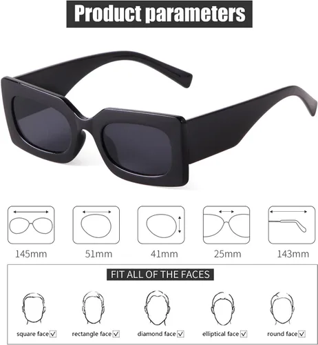 Vista 3 de GIFIORE Gafas de sol rectangulares retro de los años 90 para mujer, gafas gruesas de moda, marco negro y rosa