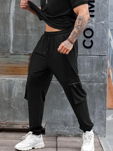 Vista 3 de Babioboa Conjunto de 2 piezas de camiseta y pantalones deportivos para hombre, con bolsillo con solapa, pantalones deportivos holgados y lisos