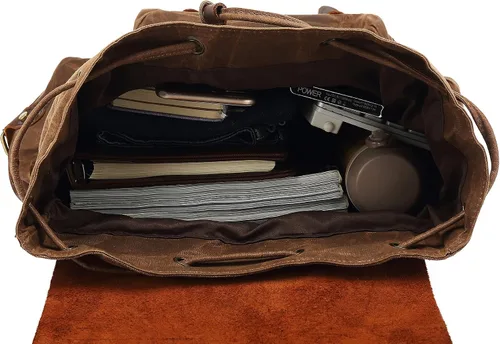 Vista 5 de HuaChen Mochila vintage de lona encerada con solapa de cuero genuino, mochila de viaje y trabajo, mochila resistente al agua con bolsillo antirrobo