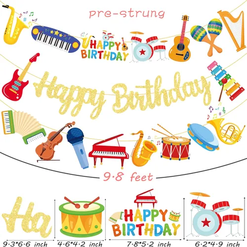 Vista 5 de Cartel dorado para fiesta de cumpleaños con instrumentos musicales, instrumentos musicales, decoraciones colgantes para músico, fiesta