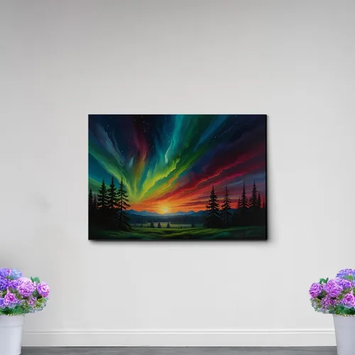 Vista 4 de Aurora Borealis, Northern Lights Art, framed canvas print, snow capped mountain landscape art, synthwave vaporwave, Print On Canvas, Decor