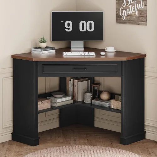 Vista 9 de SEDETA Farmhouse Corner Desk for Small Space, White Small Computer Desk Black and Brown
