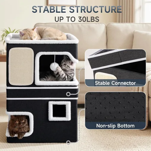 Vista 4 de Camas dobles para gatos de interior, casa para gatos de 2 pisos con grandes y acogedores escondites, cubo cueva de doble propósito con almohadillas
