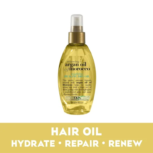 Vista 2 de OGX Aceite de Argán renovador de Marruecos en aerosol, aceite reparador ligero y seco, spray para el cuidado del cabello, bruma ligera para puntas