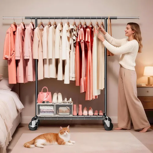 Vista 5 de Perchero resistente – Carga de 500 libras, perchero con ruedas y estantes con cerradura, estante extensible para dormitorio, lavandería, sala