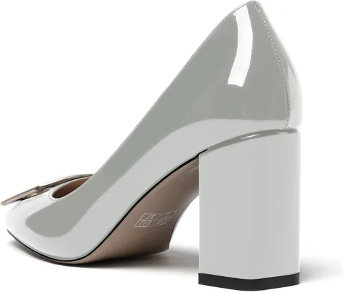 Vista 7 de WAYDERNS Zapatos de tacón alto con hebilla de metal dorada para mujer, con puntera cuadrada, de 3 pulgadas, Oro