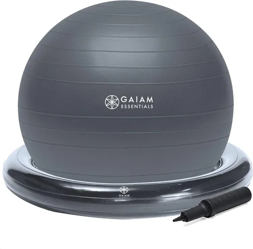 Vista 8 de Kit de pelota de equilibrio y base Gaiam Essentials, silla de pelota de yoga de 65 cm, pelota de ejercicio con base de anillo inflable