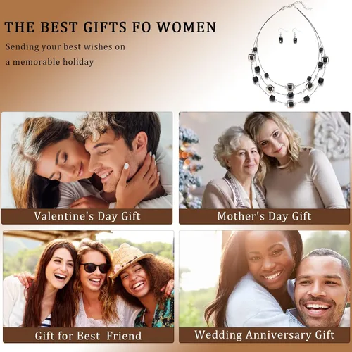 Vista 6 de Collar de cuentas de plata en capas para mujer, cuentas de cristal cuadradas, collar y aretes, disfraces de moda, conjuntos de joyas para mujer