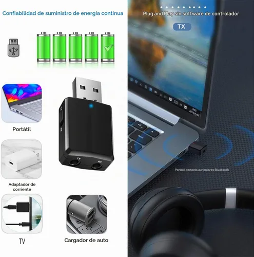 Vista 4 de ISOBEL Receptor transmisor de audio Bluetooth USB, adaptador de audio inalámbrico de alta fidelidad 3 en 1, adaptador Bluetooth 5.0 EDR con AUX