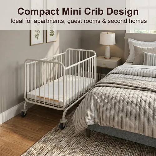 Vista 2 de L.A. Baby Deluxe Holiday Mini/Cuna plegable portátil de metal, color blanco Metal frame, locking caster wheels, tool-free fold, fits standard