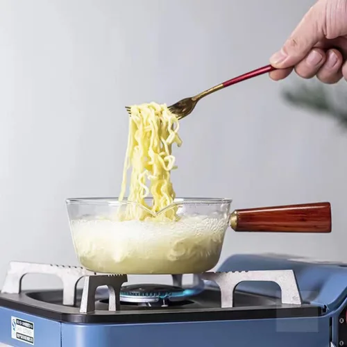 Vista 5 de Cacerola de vidrio transparente, mini olla resistente al calor con mango de madera, juego de utensilios de cocina de vidrio para ramen, olla