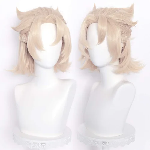 Vista 4 de SL Peluca rubia corta para Genshin Impact, pelucas de pelo mullido puntiaguda + gorra (rubia Albedo)