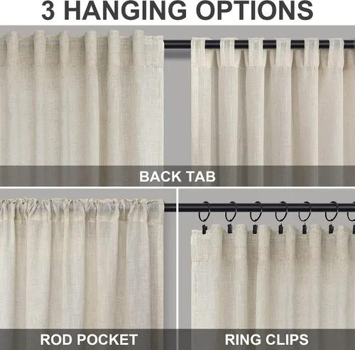 Vista 4 de DANCURTON Cortinas de lino para ventana, cocina moderna, dormitorio, ventanas pequeñas, 2 paneles con bolsillo con pestaña trasera, gruesas