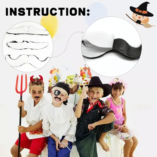 Vista 4 de OJYUDD 48 piezas de bigotes falsos autoadhesivos disfraz de bigotes novedoso pelo facial de barba falso para Halloween fiesta suministros de fiesta