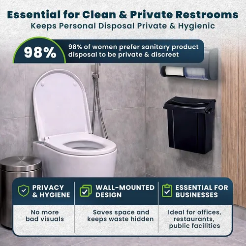 Vista 5 de Alpine - Recipiente para servilleta sanitaria, contenedor de eliminación de higiene femenina, cubo de basura montado en la pared con sello de Negro