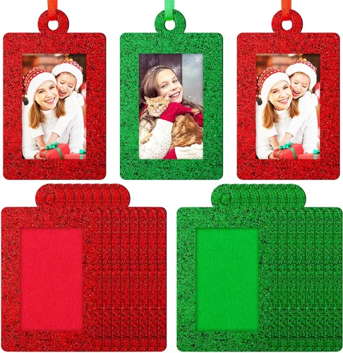 Vista 8 de Jetec 36 marcos de fotos con brillantina para decoración de árbol de Navidad, mini marco de fotos de fieltro, marco pequeño para colgar, regalos
