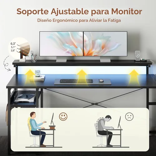 Vista 8 de AODK - Escritorio en forma de L de 61" con cajón, escritorio para computadora con tomas de corriente y luces LED, escritorio de esquina reversible