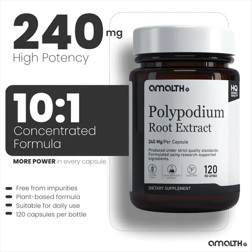Vista 3 de AMALTH Polypodium Leucotomos Cápsulas 240 mg Suplemento de extracto de Polypodium Leucotomos Suplemento de extracto de Polypodium Leucotomos