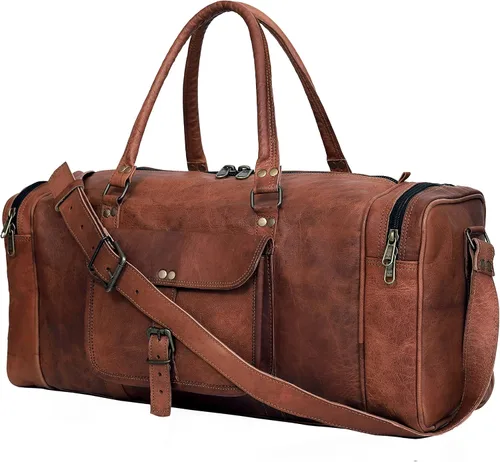 Vista 7 de Bolsa de lona de cuero genuino de 22 y 24 pulgadas Bolsa de cuero para viajes durante la noche Bolsa de deporte para gimnasio para hombres