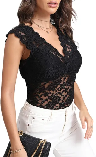 Vista 3 de LYANER Blusa sin mangas con cuello en V y encaje floral para mujer, Negro