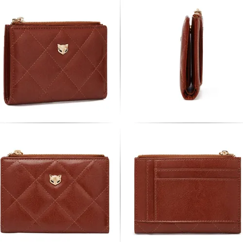 Vista 4 de FOXLOVER RFID pequeño cuero genuino titulares de tarjetas de crédito cartera para mujeres, señoras lindo cuero de vaca tarjeta caso, marrón