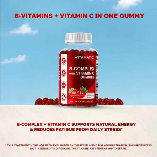 Vista 6 de Gomitas de complejo de vitamina B Vitamatic con vitamina C e inositol - Sabor natural a fresa - 60 gomitas (1 botella)