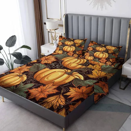 Vista 10 de Juego de sábanas de hojas de otoño tamaño individual, sábanas de microfibra suave y bolsillo profundo, sábanas y fundas de almohada estampadas sin