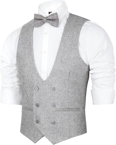 Vista 2 de Alizeal Mens Formal Tweed Suit Vest Double Breasted Slim Fit Wool Tuxedo Solid Waistcoat