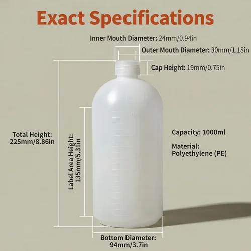 Vista 2 de Botella de plástico de 33.8 fl oz/34 oz de reactivo químico de laboratorio graduado botella de sellado de muestra con tapón interior a prueba