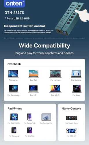 Vista 6 de Onten Hub USB-C 3.0 de 7 puertos, transferencia de datos de alta velocidad de 5 Gbps, interruptores independientes, amplia compatibilidad