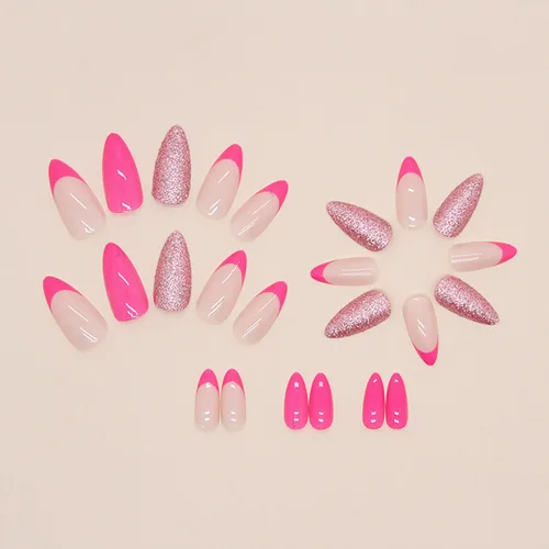 Vista 3 de Uñas postizas a presión medianas con punta francesa de almendra SWEKKE color rosa, cobertura completa, uñas postizas con pegamento rosa y purpurina