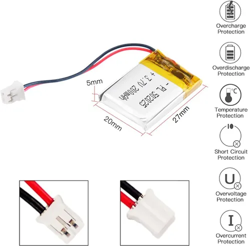 Vista 3 de Batería de 3.7V 200mAh 502025 Li-ion Li-Po recargable de iones de litio con conector de paso de 2P PH 0.079 in