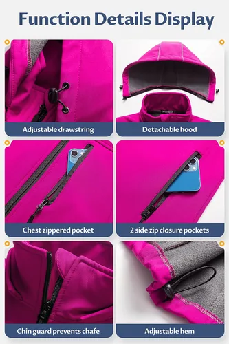 Vista 6 de CREATMO US Chaleco ligero de Softshell para mujer, chaqueta sin mangas cortavientos con capucha extraíble