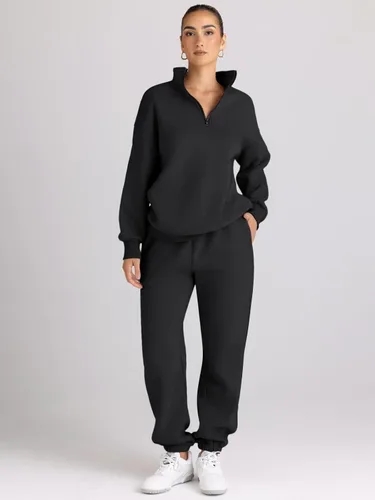 Vista 2 de AUTOMET Conjunto deportivo de 2 piezas para mujer, manga larga, media cremallera y pantalones deportivos holgados con bolsillos