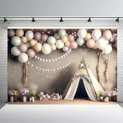 Vista 3 de XUNJIN NO.01 - Fondo de fotografía de globo rosa bohemio para niños, fiesta de primer cumpleaños, pastel, retrato, decoración de fotos, telón