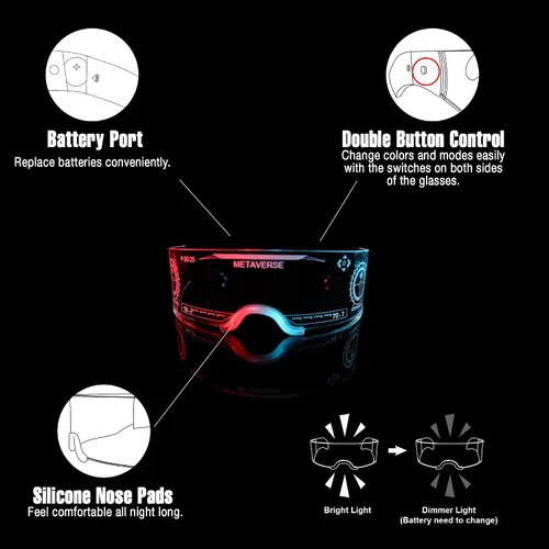 Vista 4 de Oybete Gafas de fiesta LED iluminadas, gafas de visera LED para niños y adultos, gafas luminosas electrónicas futuristas, 7 colores, 4 modos