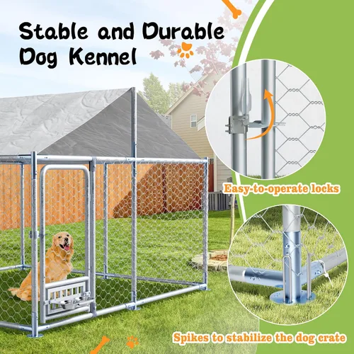 Vista 4 de Grepatio Perrera para perros al aire libre de 7.5 x 7.5 pies con techo, recinto exterior para perros con 2 comederos giratorios, cerca para perros