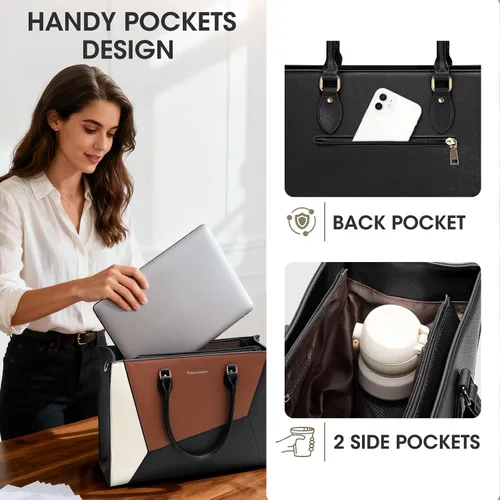 Vista 5 de RAINSMORE Bolsa de mano para laptop para mujer, 15.6 pulgadas, bolsas de trabajo grandes para mujeres, impermeables, para negocios, oficina