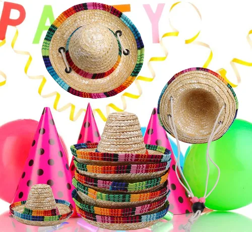 Vista 5 de Xplanet Paquete de 6 mini sombreros de fiesta mexicana de paja natural, mini sombrero de fiesta, suministros para fiestas