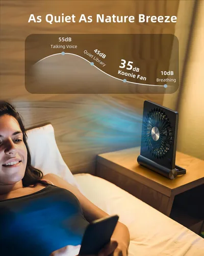 Vista 5 de Koonie - Ventilador de escritorio portátil, pequeño ventilador USB con batería de 3.5-20 horas, ultra silencioso con inclinación plegable de 220°