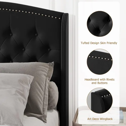 Vista 4 de Base de cama tamaño Queen, plataforma tapizada con cabecera de ala y diseño capitoné de botones, soporte de listones de madera, fácil montaje,
