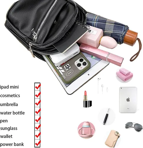 Vista 3 de Sunwel Fashion Riñonera ligera con 4 bolsillos con cremallera, estilo casual, cangureras, pequeña cruzada para mujer, Negro -, Mochila casual