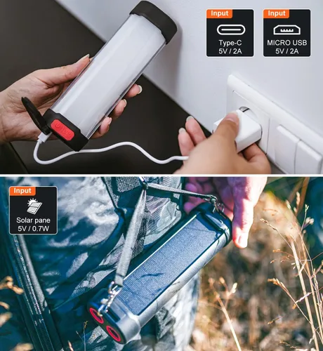 Vista 7 de Linterna solar para campamento, 1800 lúmenes, 13 modos de luz, batería de 3000 mAh, impermeable IP66, luces LED recargables para huracán